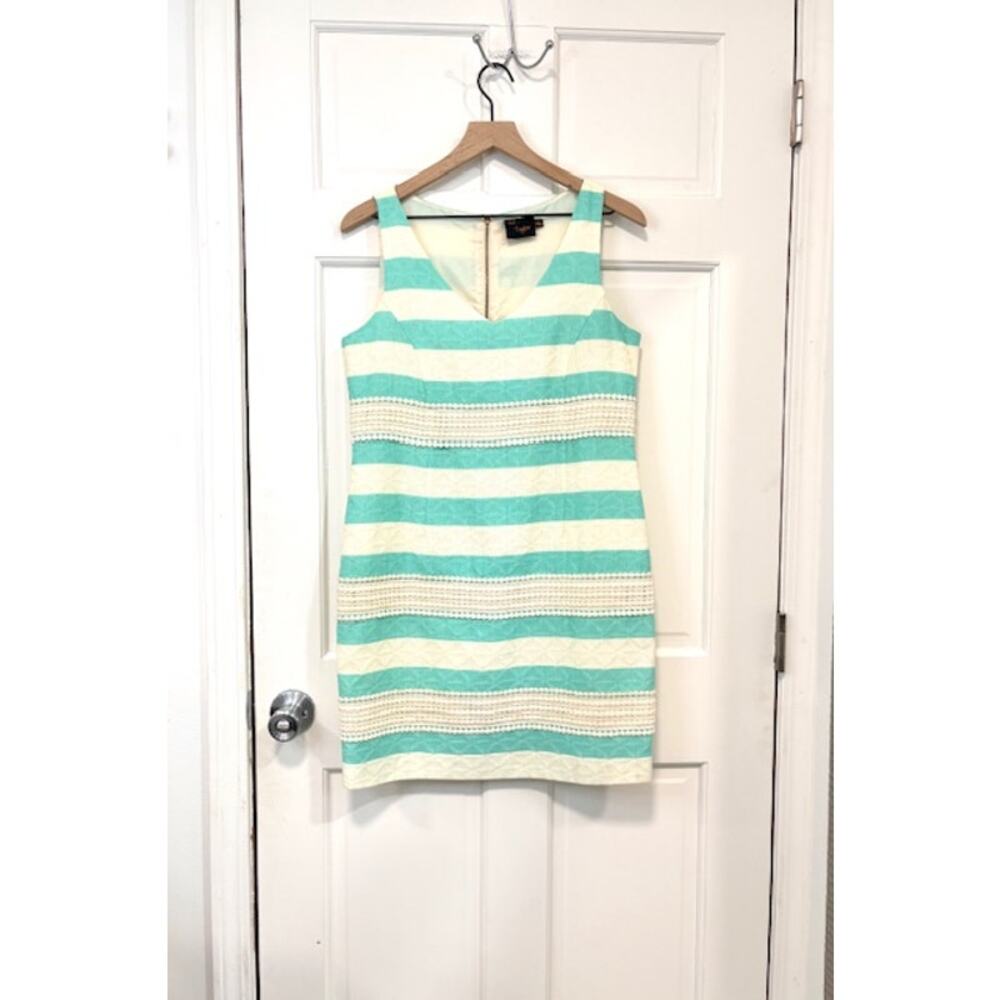 Just Taylor Striped Jacquard Dress Sz 8 Teal Crochet Trim Spring Wedding Guest